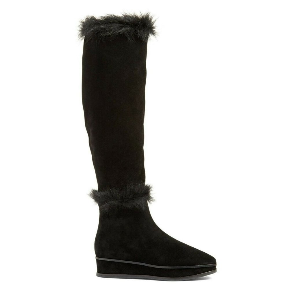 $650 TORY BURCH Marcel Genuine Shearling Wedge Tall Boot FUR BLACK 6 (JB15)
